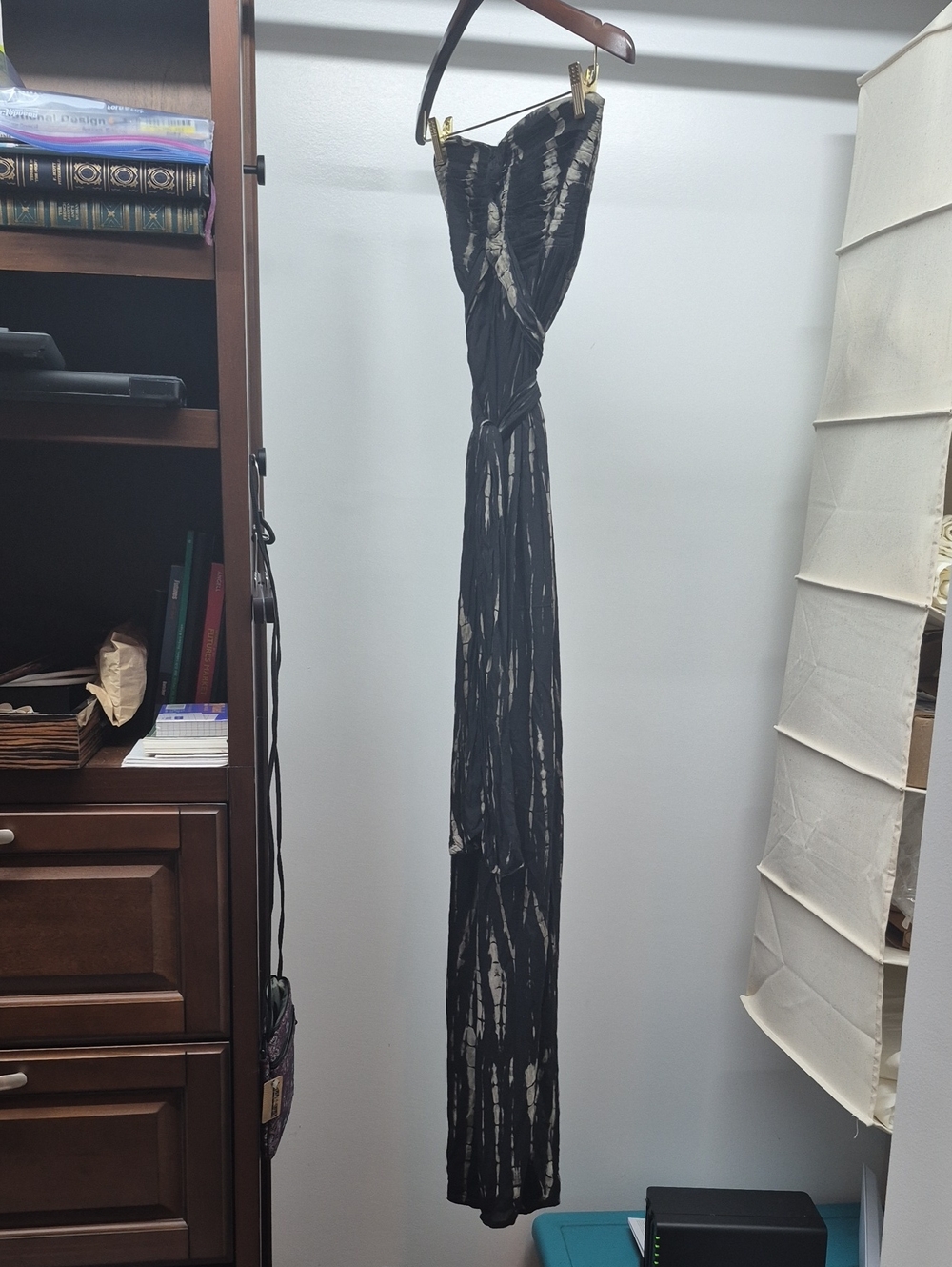 Tahari Black and Cream Tie-Dye Strapless Maxi Dress